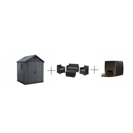 KETER DARWIN 6X6 BARNA MŰANYAG KERTI HÁZ + AJÁNDÉK ANGEL BÚTOR SZETT ÉS DECO COMPOSTER